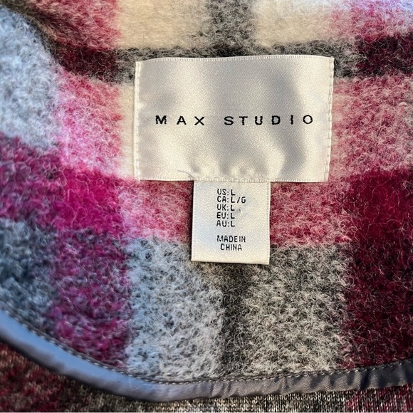 Max Studio Gray Fuchsia White Wool Blend Plaid Blanket Coat with Pockets L - Picture 7 of 12